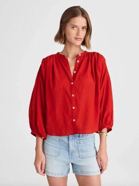 Madewell Red Shirred Crewneck 3/4 Balloon Sleeve Button Down Top XS NWT